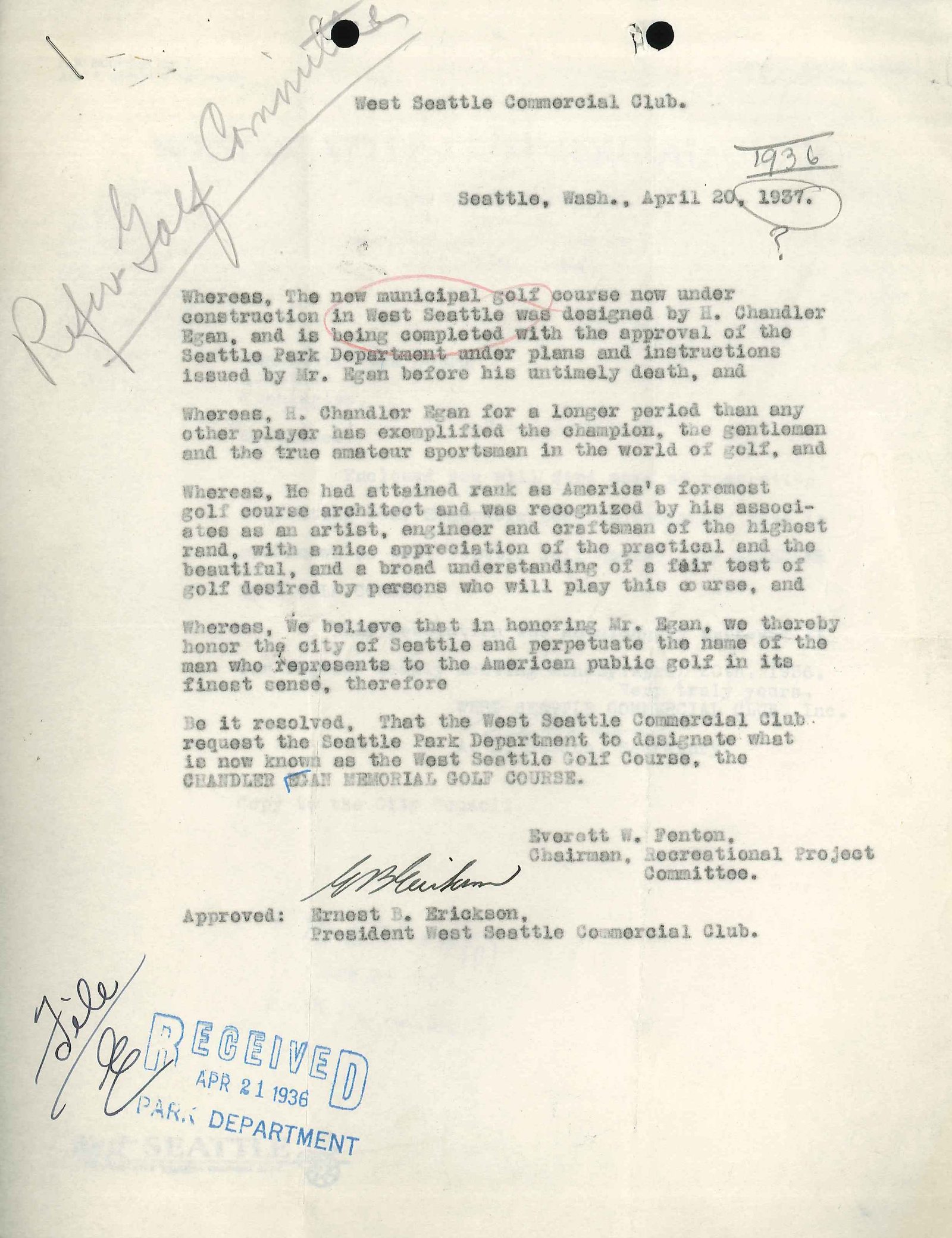 1936 Proposal to Change Name to Chandler Egan Golf Course